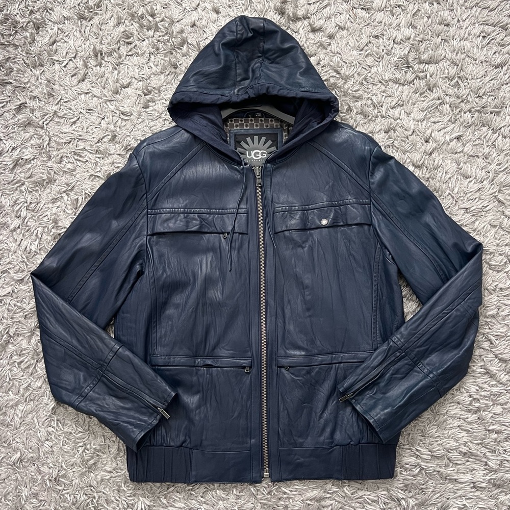 UGG Lambskin Leather Navy Leather Hooded Jacket